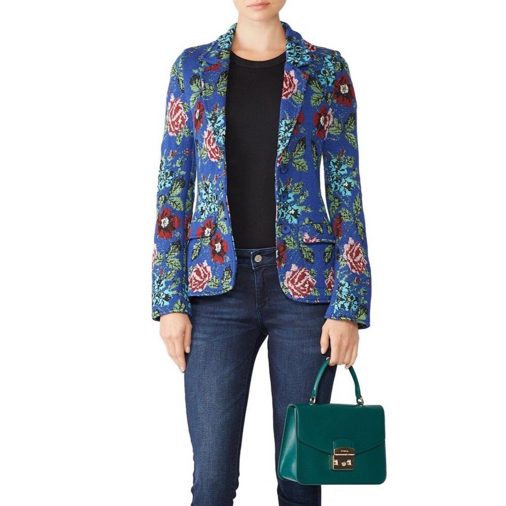 aldomartins Intarsia Cardigan Blue Floral Blazer Jacket 10 WOOL Blend SPAIN MADE